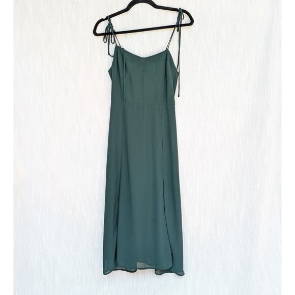OMi + Studio Hunter Green Tie Spaghetti Straps Front Slit Midi Dress, size L - Picture 2 of 9